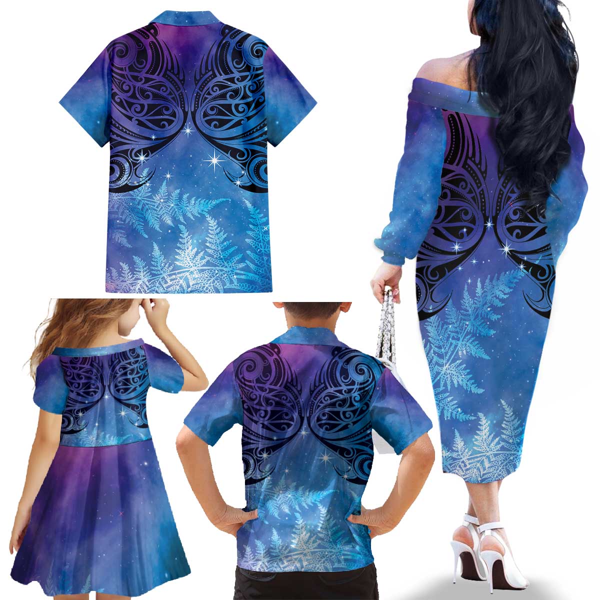 New Zealand Matariki Family Matching Off The Shoulder Long Sleeve Dress and Hawaiian Shirt Aotearoa Maori New Year Galaxy Maori Silver Fern LT14 - Polynesian Pride