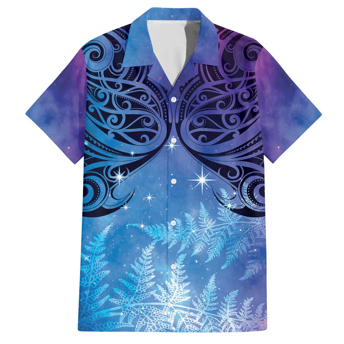 New Zealand Matariki Family Matching Off The Shoulder Long Sleeve Dress and Hawaiian Shirt Aotearoa Maori New Year Galaxy Maori Silver Fern LT14 Dad's Shirt - Short Sleeve Blue - Polynesian Pride