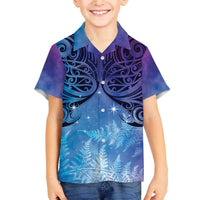 New Zealand Matariki Family Matching Off The Shoulder Long Sleeve Dress and Hawaiian Shirt Aotearoa Maori New Year Galaxy Maori Silver Fern LT14 Son's Shirt Blue - Polynesian Pride