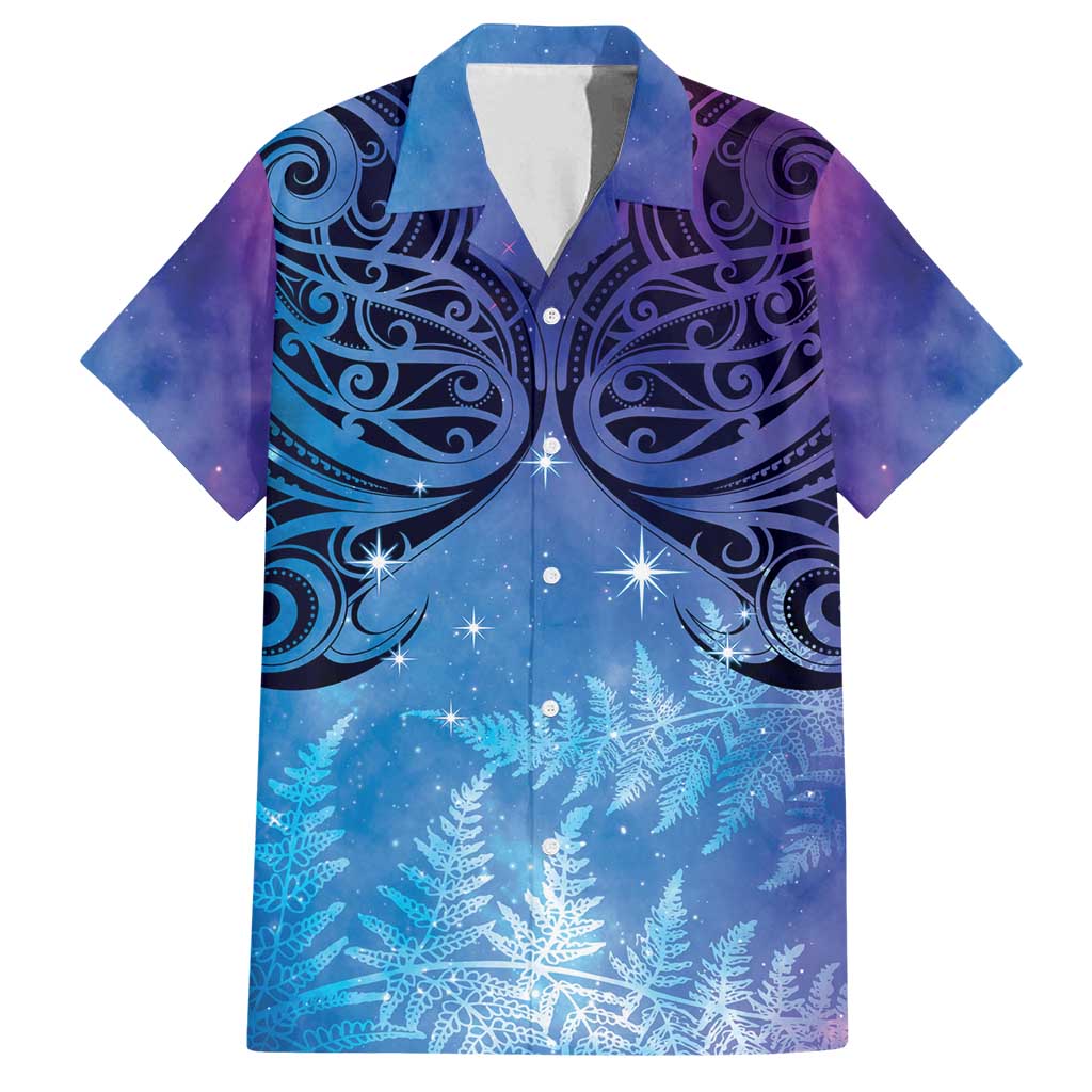 New Zealand Matariki Family Matching Off Shoulder Maxi Dress and Hawaiian Shirt Aotearoa Maori New Year Galaxy Maori Silver Fern LT14 Dad's Shirt - Short Sleeve Blue - Polynesian Pride