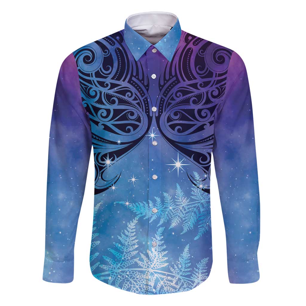 New Zealand Matariki Family Matching Off Shoulder Maxi Dress and Hawaiian Shirt Aotearoa Maori New Year Galaxy Maori Silver Fern LT14 Dad's Shirt - Long Sleeve Blue - Polynesian Pride