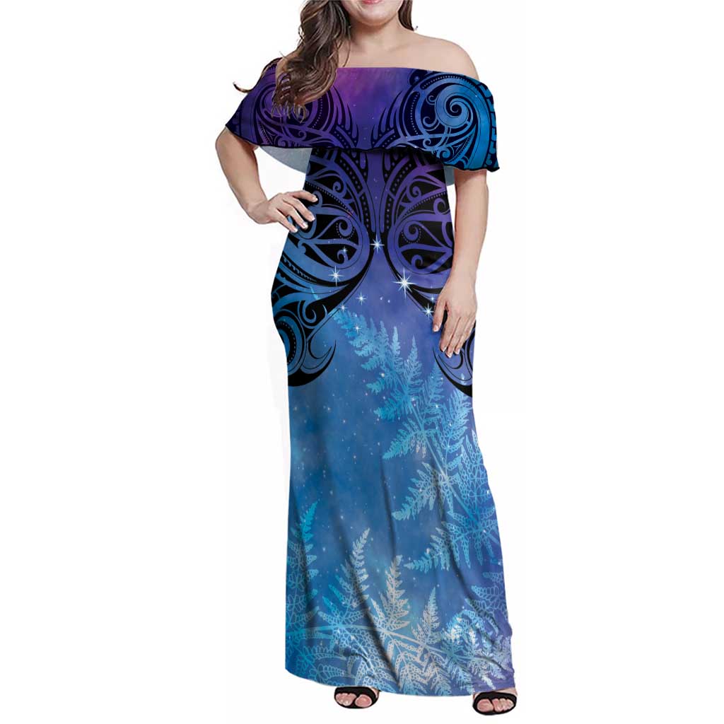 New Zealand Matariki Family Matching Off Shoulder Maxi Dress and Hawaiian Shirt Aotearoa Maori New Year Galaxy Maori Silver Fern LT14 Mom's Dress Blue - Polynesian Pride