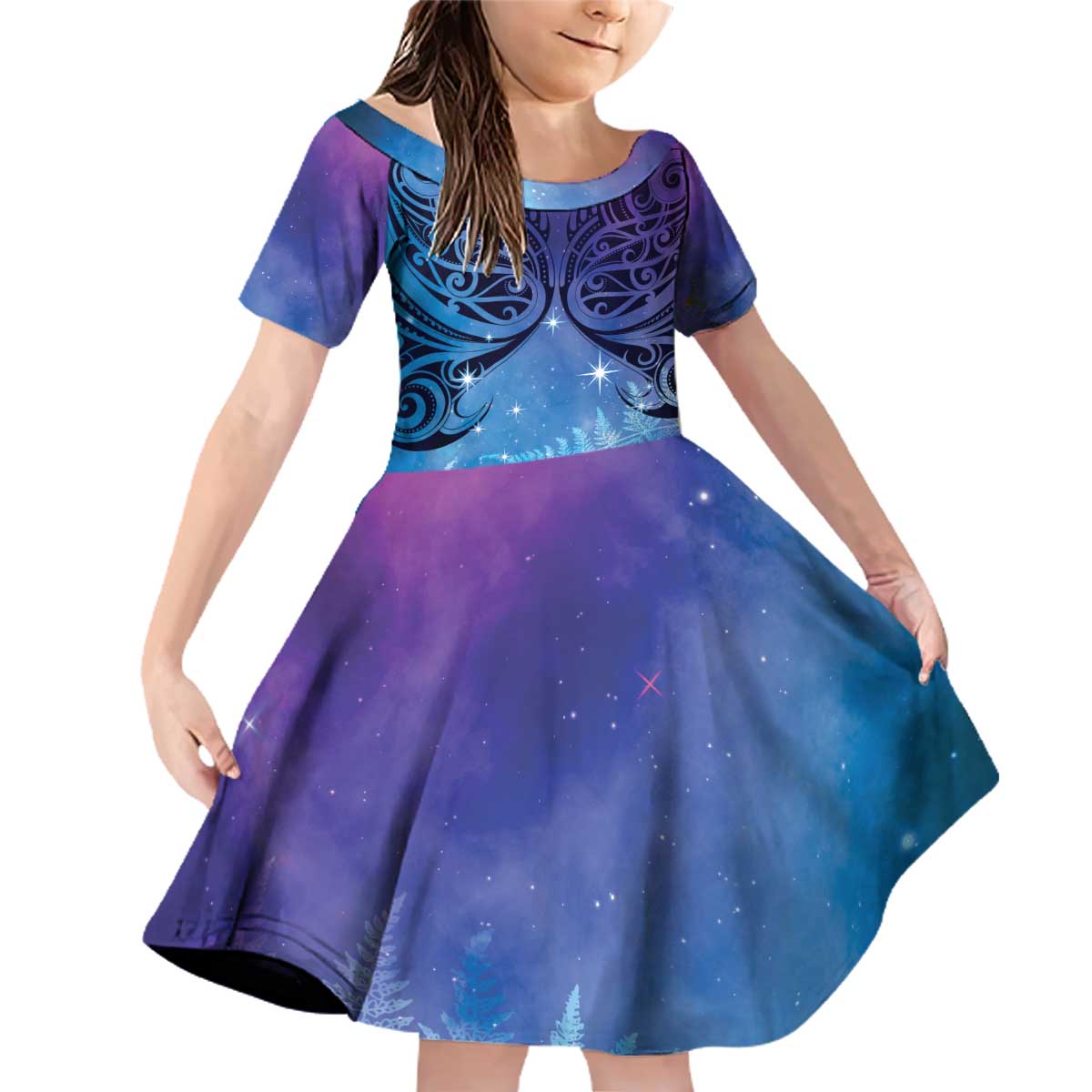 New Zealand Matariki Family Matching Off Shoulder Short Dress and Hawaiian Shirt Aotearoa Maori New Year Galaxy Maori Silver Fern LT14 Daughter's Dress Blue - Polynesian Pride