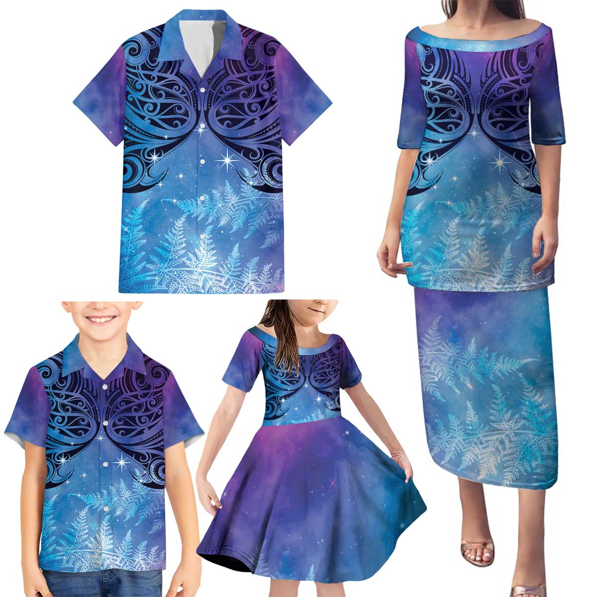 New Zealand Matariki Family Matching Puletasi and Hawaiian Shirt Aotearoa Maori New Year Galaxy Maori Silver Fern LT14 - Polynesian Pride