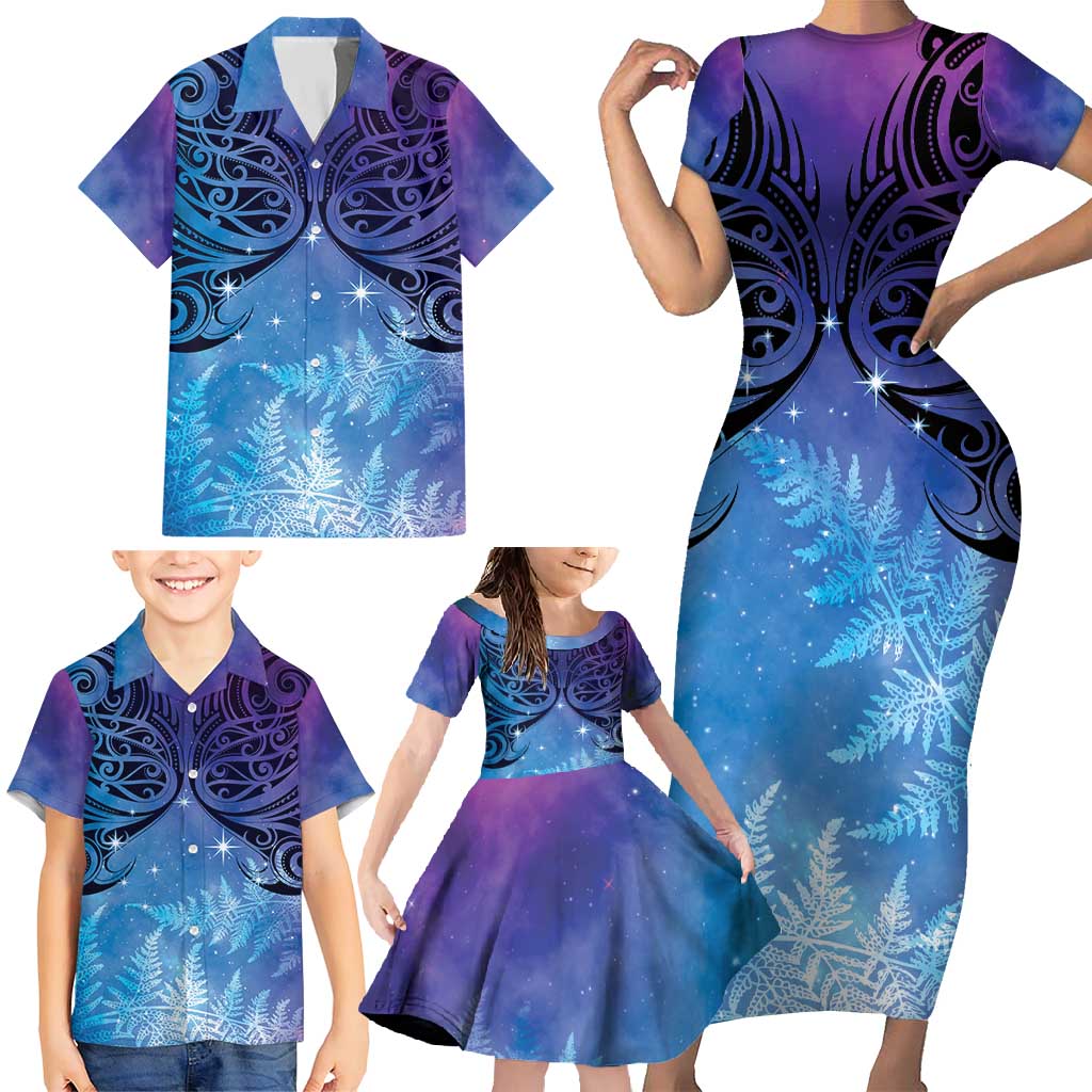 New Zealand Matariki Family Matching Short Sleeve Bodycon Dress and Hawaiian Shirt Aotearoa Maori New Year Galaxy Maori Silver Fern LT14 - Polynesian Pride