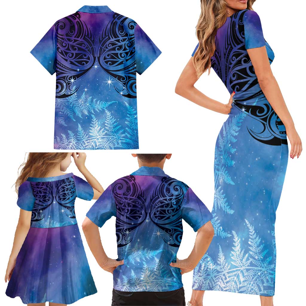 New Zealand Matariki Family Matching Short Sleeve Bodycon Dress and Hawaiian Shirt Aotearoa Maori New Year Galaxy Maori Silver Fern LT14 - Polynesian Pride