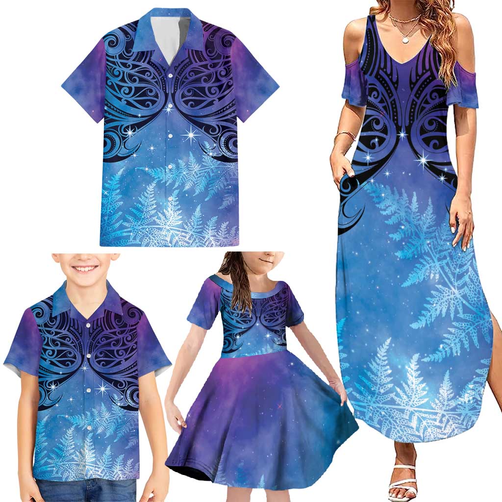 New Zealand Matariki Family Matching Summer Maxi Dress and Hawaiian Shirt Aotearoa Maori New Year Galaxy Maori Silver Fern LT14 - Polynesian Pride