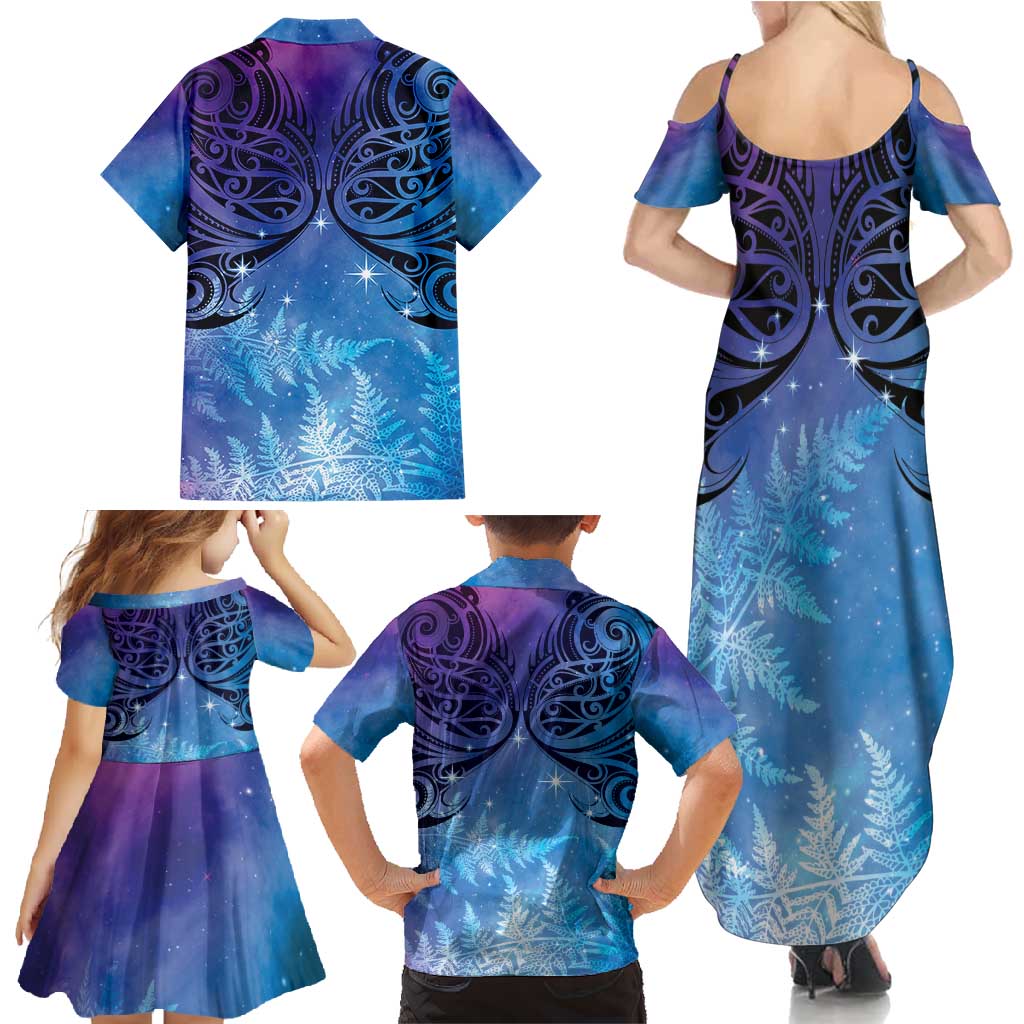 New Zealand Matariki Family Matching Summer Maxi Dress and Hawaiian Shirt Aotearoa Maori New Year Galaxy Maori Silver Fern LT14 - Polynesian Pride