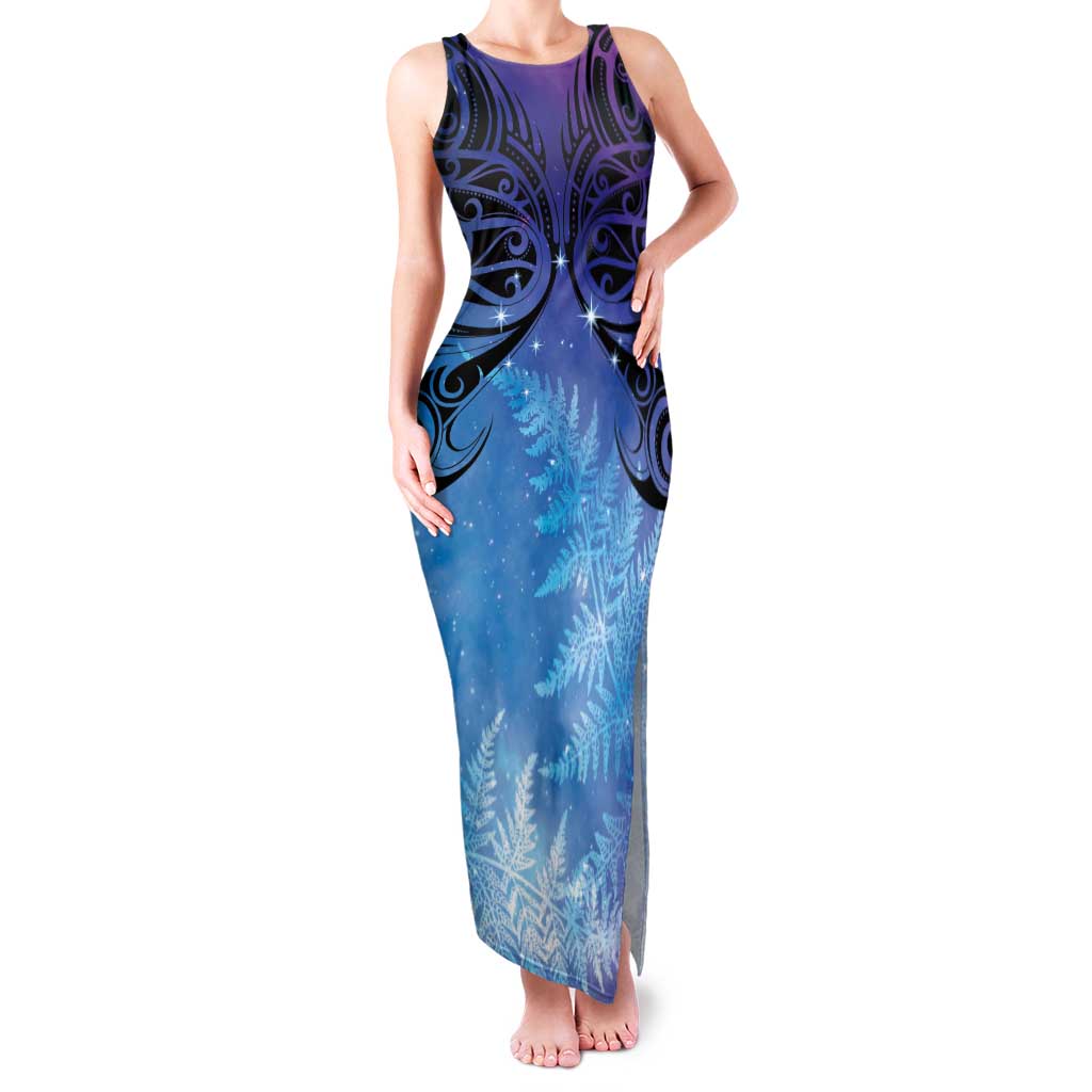 New Zealand Matariki Family Matching Tank Maxi Dress and Hawaiian Shirt Aotearoa Maori New Year Galaxy Maori Silver Fern LT14 Mom's Dress Blue - Polynesian Pride