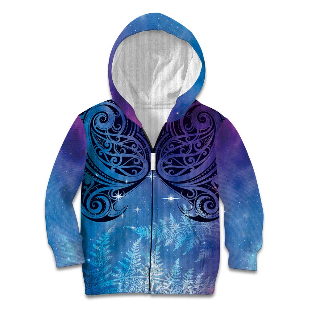 New Zealand Matariki Kid Hoodie Aotearoa Maori New Year Galaxy Maori Silver Fern LT14 Zip Hoodie Blue - Polynesian Pride