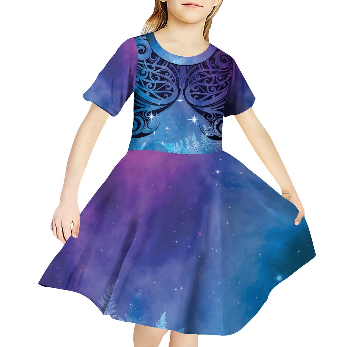 New Zealand Matariki Kid Short Sleeve Dress Aotearoa Maori New Year Galaxy Maori Silver Fern LT14 - Polynesian Pride