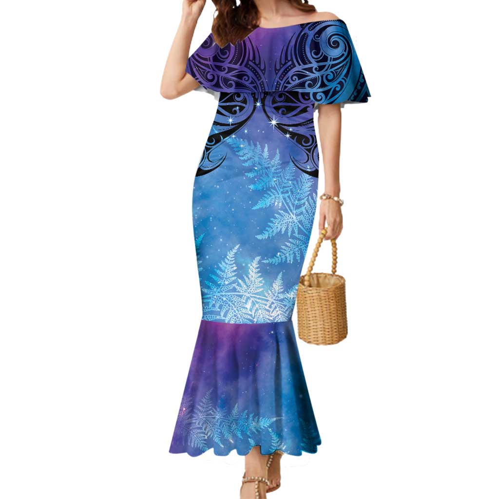 New Zealand Matariki Mermaid Dress Aotearoa Maori New Year Galaxy Maori Silver Fern LT14 Women Blue - Polynesian Pride