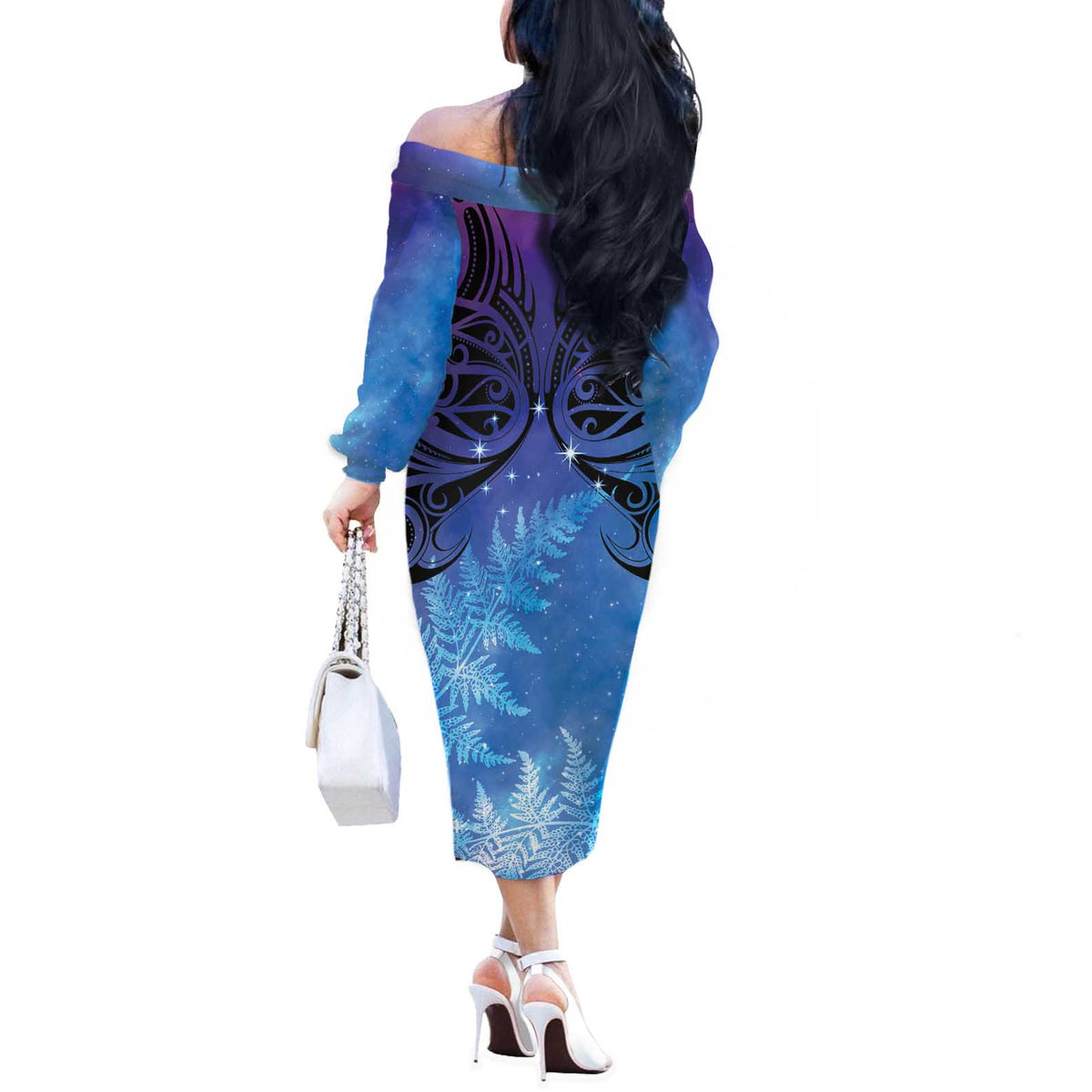 New Zealand Matariki Off The Shoulder Long Sleeve Dress Aotearoa Maori New Year Galaxy Maori Silver Fern LT14 - Polynesian Pride