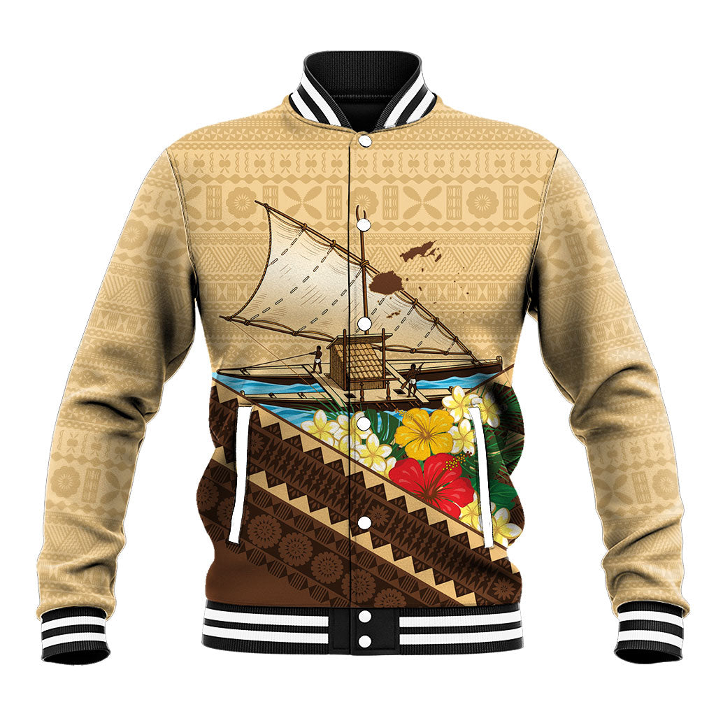Personalised Bula Vinaka Fiji Drua Baseball Jacket Fijian Traditional Canoe Tapa Cloth Beige