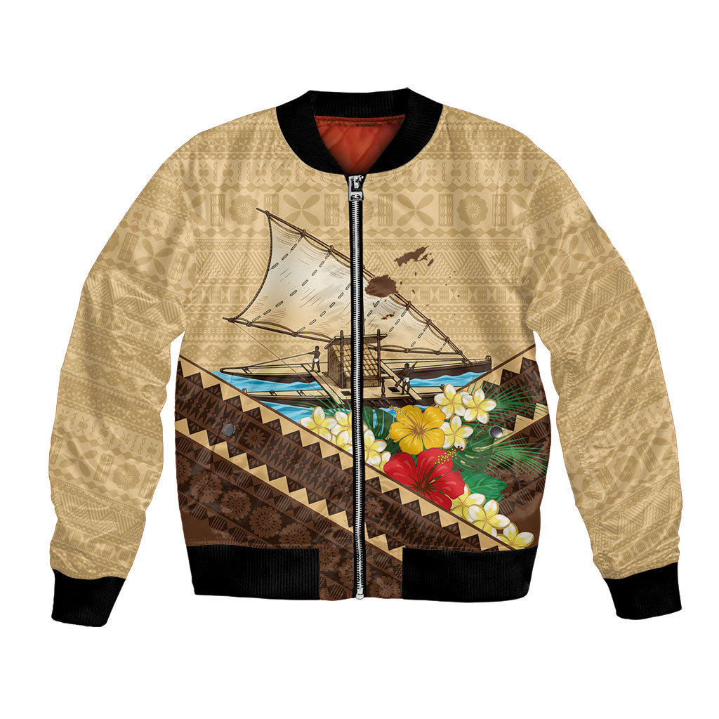 Personalised Bula Vinaka Fiji Drua Bomber Jacket Fijian Traditional Canoe Tapa Cloth Beige