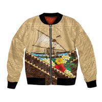 Personalised Bula Vinaka Fiji Drua Bomber Jacket Fijian Traditional Canoe Tapa Cloth Beige