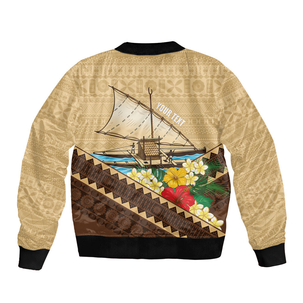 Personalised Bula Vinaka Fiji Drua Bomber Jacket Fijian Traditional Canoe Tapa Cloth Beige
