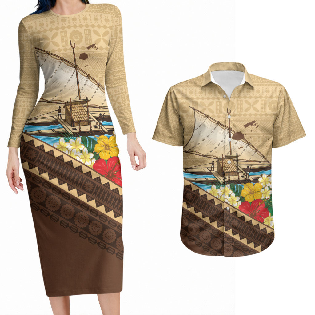 Personalised Bula Vinaka Fiji Drua Couples Matching Long Sleeve Bodycon Dress and Hawaiian Shirt Fijian Traditional Canoe Tapa Cloth Beige