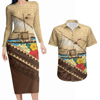 Personalised Bula Vinaka Fiji Drua Couples Matching Long Sleeve Bodycon Dress and Hawaiian Shirt Fijian Traditional Canoe Tapa Cloth Beige