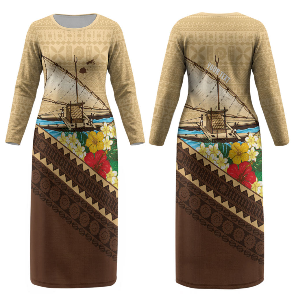 Personalised Bula Vinaka Fiji Drua Couples Matching Long Sleeve Bodycon Dress and Hawaiian Shirt Fijian Traditional Canoe Tapa Cloth Beige