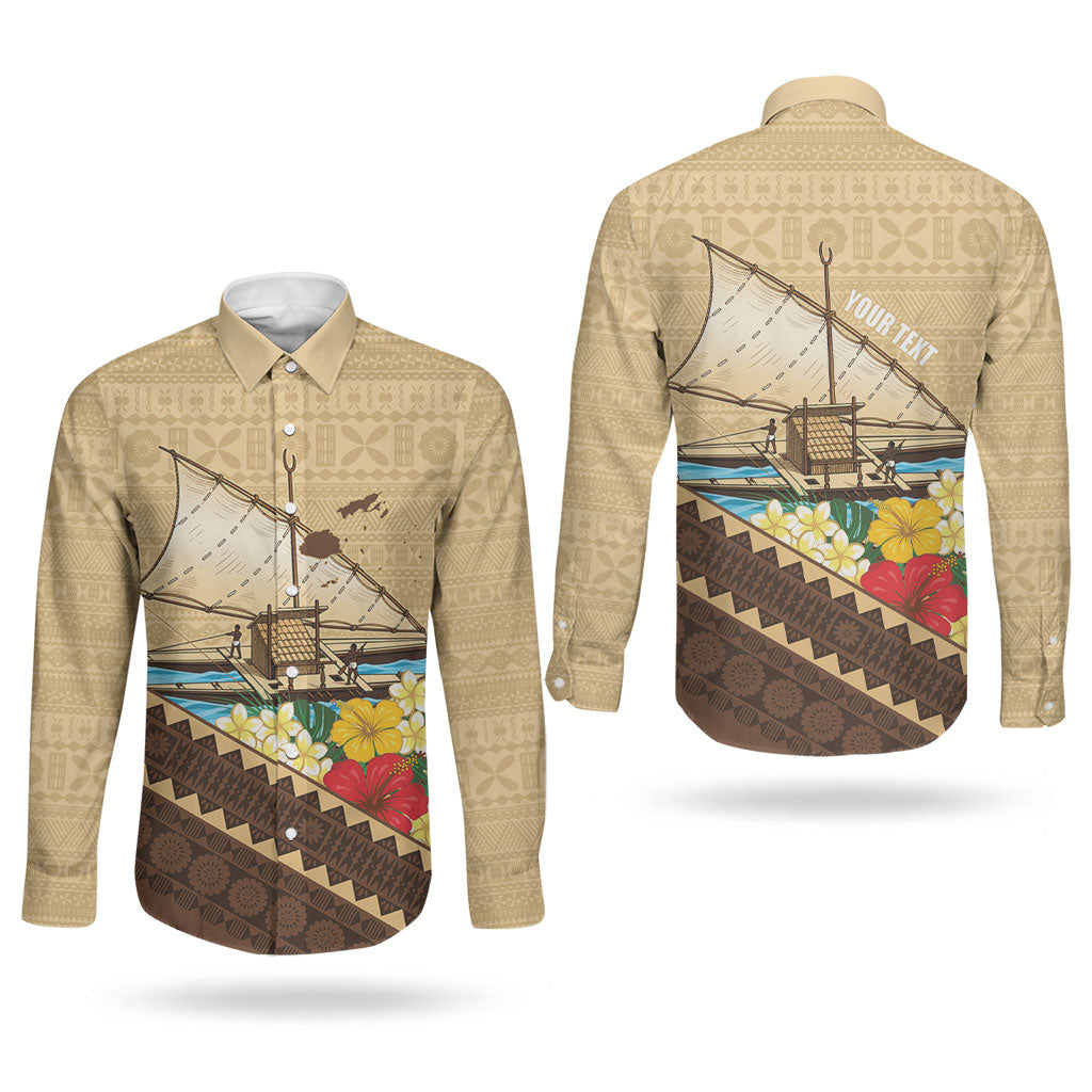 Personalised Bula Vinaka Fiji Drua Couples Matching Long Sleeve Bodycon Dress and Long Sleeve Button Shirt Fijian Traditional Canoe Tapa Cloth Beige