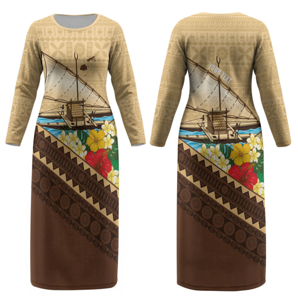 Personalised Bula Vinaka Fiji Drua Couples Matching Long Sleeve Bodycon Dress and Long Sleeve Button Shirt Fijian Traditional Canoe Tapa Cloth Beige