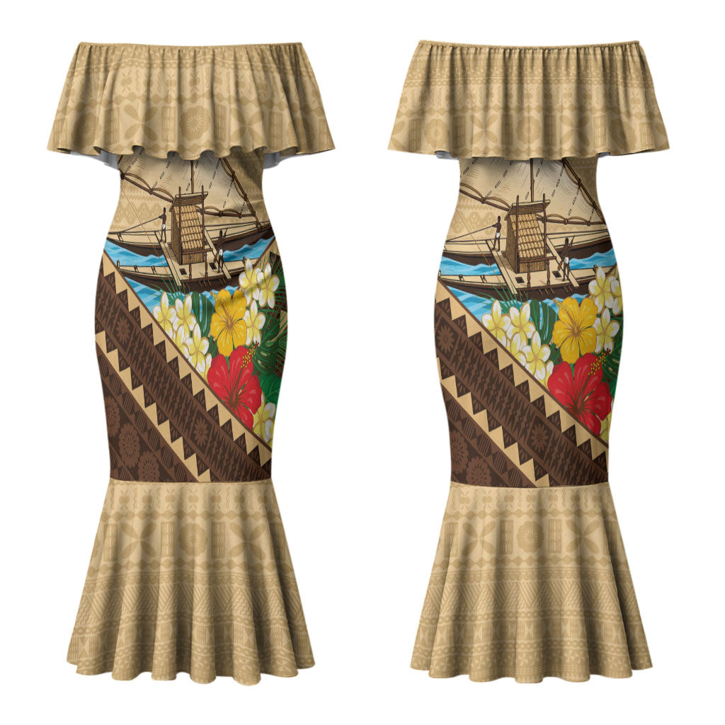 Personalised Bula Vinaka Fiji Drua Couples Matching Mermaid Dress and Long Sleeve Button Shirt Fijian Traditional Canoe Tapa Cloth Beige