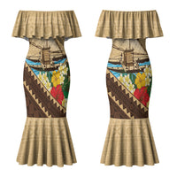 Personalised Bula Vinaka Fiji Drua Couples Matching Mermaid Dress and Long Sleeve Button Shirt Fijian Traditional Canoe Tapa Cloth Beige