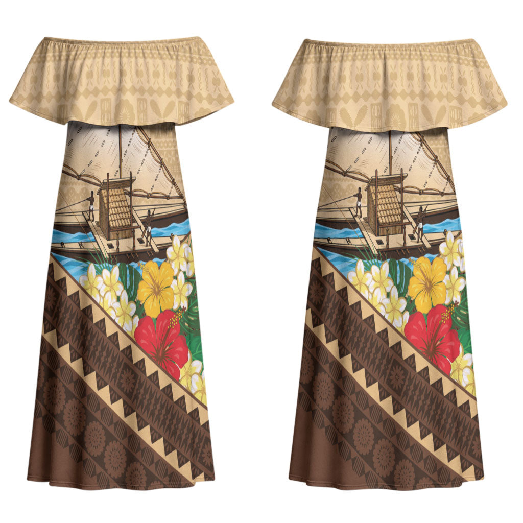 Personalised Bula Vinaka Fiji Drua Couples Matching Off Shoulder Maxi Dress and Hawaiian Shirt Fijian Traditional Canoe Tapa Cloth Beige