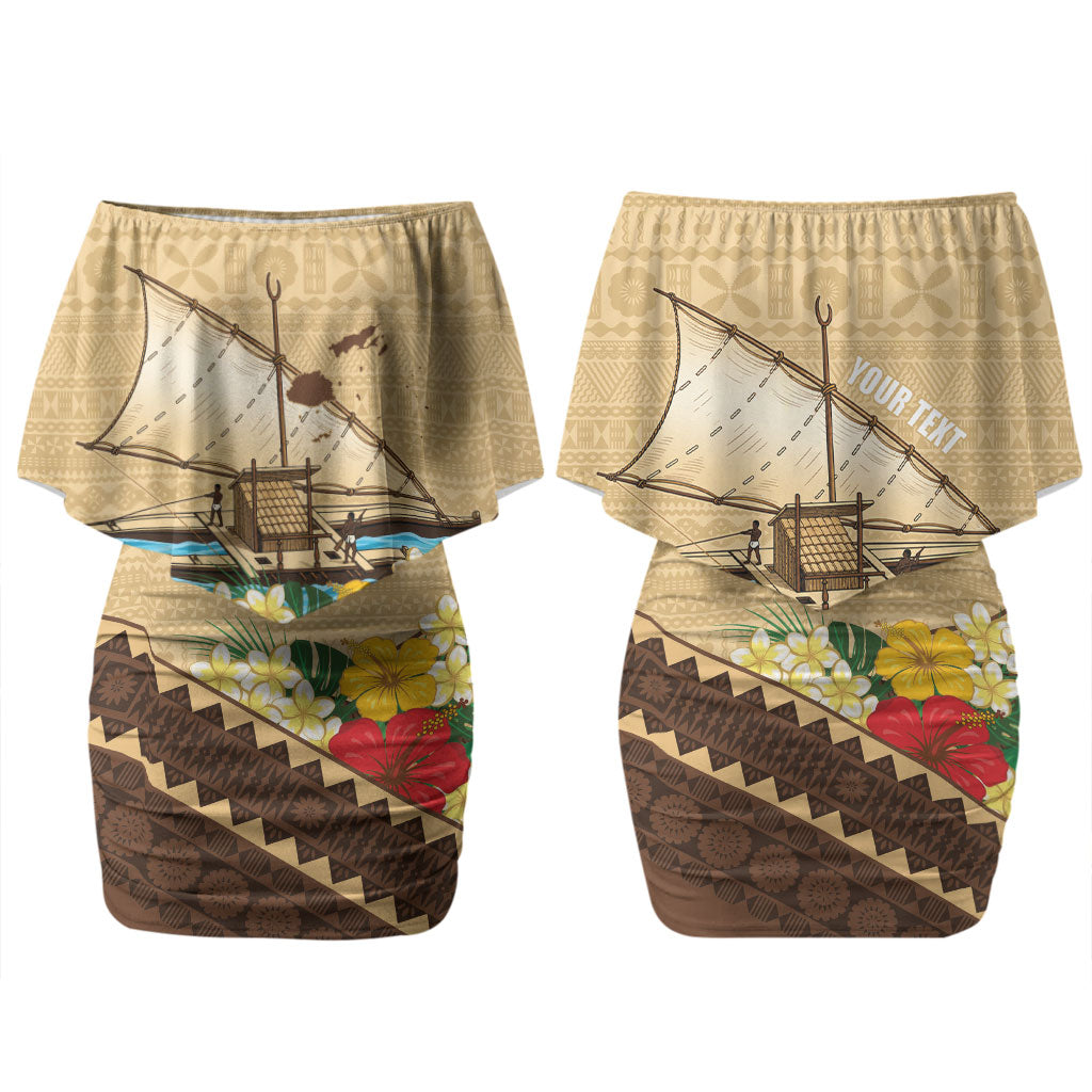 Personalised Bula Vinaka Fiji Drua Couples Matching Off Shoulder Short Dress and Hawaiian Shirt Fijian Traditional Canoe Tapa Cloth Beige