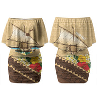 Personalised Bula Vinaka Fiji Drua Couples Matching Off Shoulder Short Dress and Hawaiian Shirt Fijian Traditional Canoe Tapa Cloth Beige