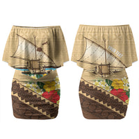 Personalised Bula Vinaka Fiji Drua Couples Matching Off Shoulder Short Dress and Long Sleeve Button Shirt Fijian Traditional Canoe Tapa Cloth Beige
