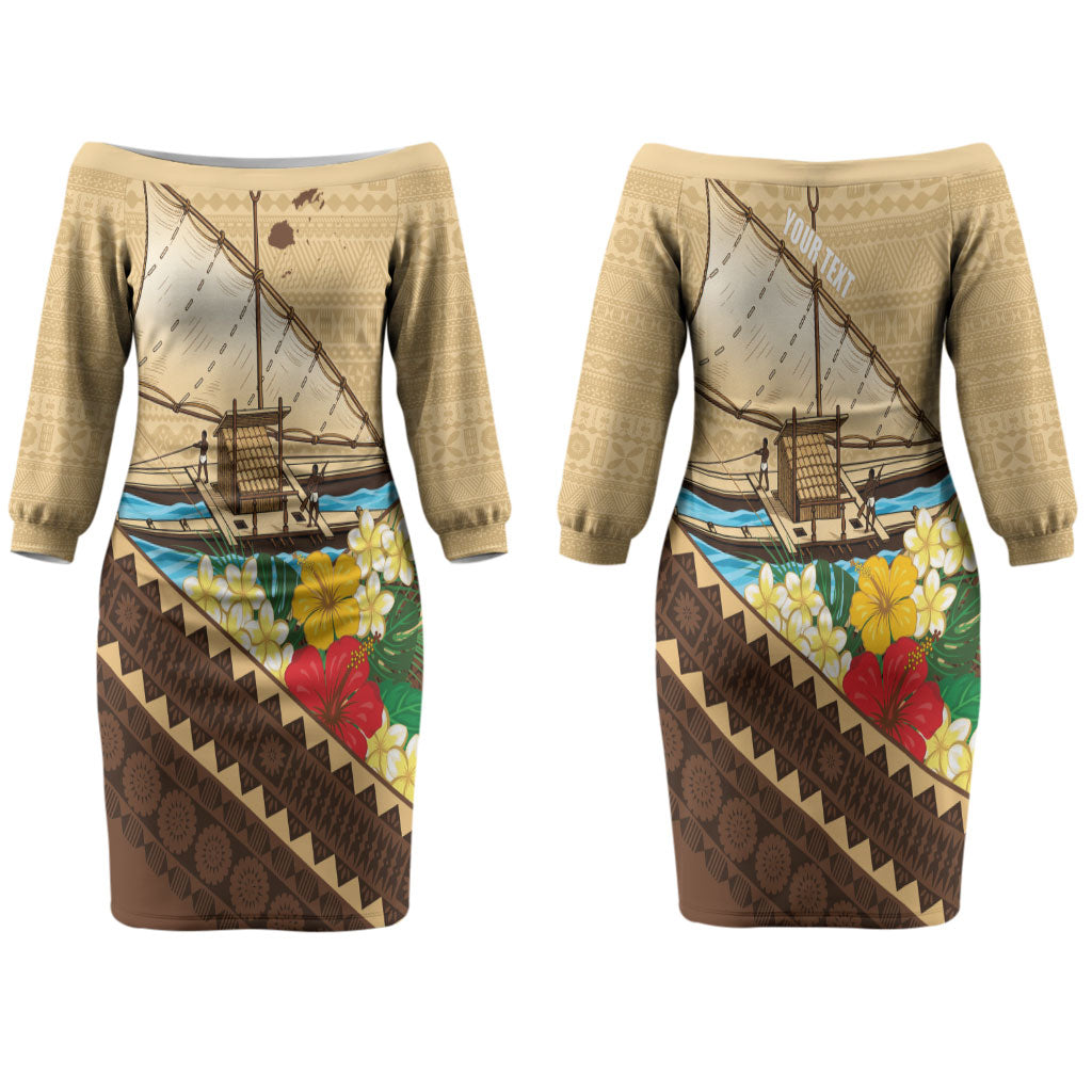 Personalised Bula Vinaka Fiji Drua Couples Matching Off The Shoulder Long Sleeve Dress and Hawaiian Shirt Fijian Traditional Canoe Tapa Cloth Beige