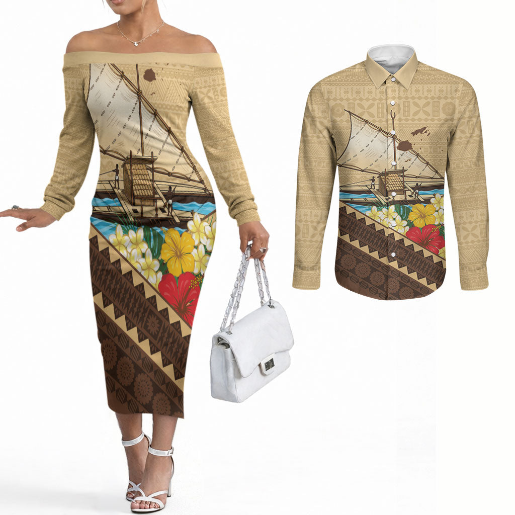 Personalised Bula Vinaka Fiji Drua Couples Matching Off The Shoulder Long Sleeve Dress and Long Sleeve Button Shirt Fijian Traditional Canoe Tapa Cloth Beige
