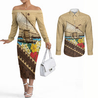 Personalised Bula Vinaka Fiji Drua Couples Matching Off The Shoulder Long Sleeve Dress and Long Sleeve Button Shirt Fijian Traditional Canoe Tapa Cloth Beige