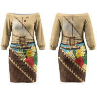 Personalised Bula Vinaka Fiji Drua Couples Matching Off The Shoulder Long Sleeve Dress and Long Sleeve Button Shirt Fijian Traditional Canoe Tapa Cloth Beige