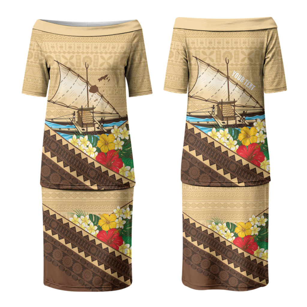 Personalised Bula Vinaka Fiji Drua Couples Matching Puletasi and Long Sleeve Button Shirt Fijian Traditional Canoe Tapa Cloth Beige