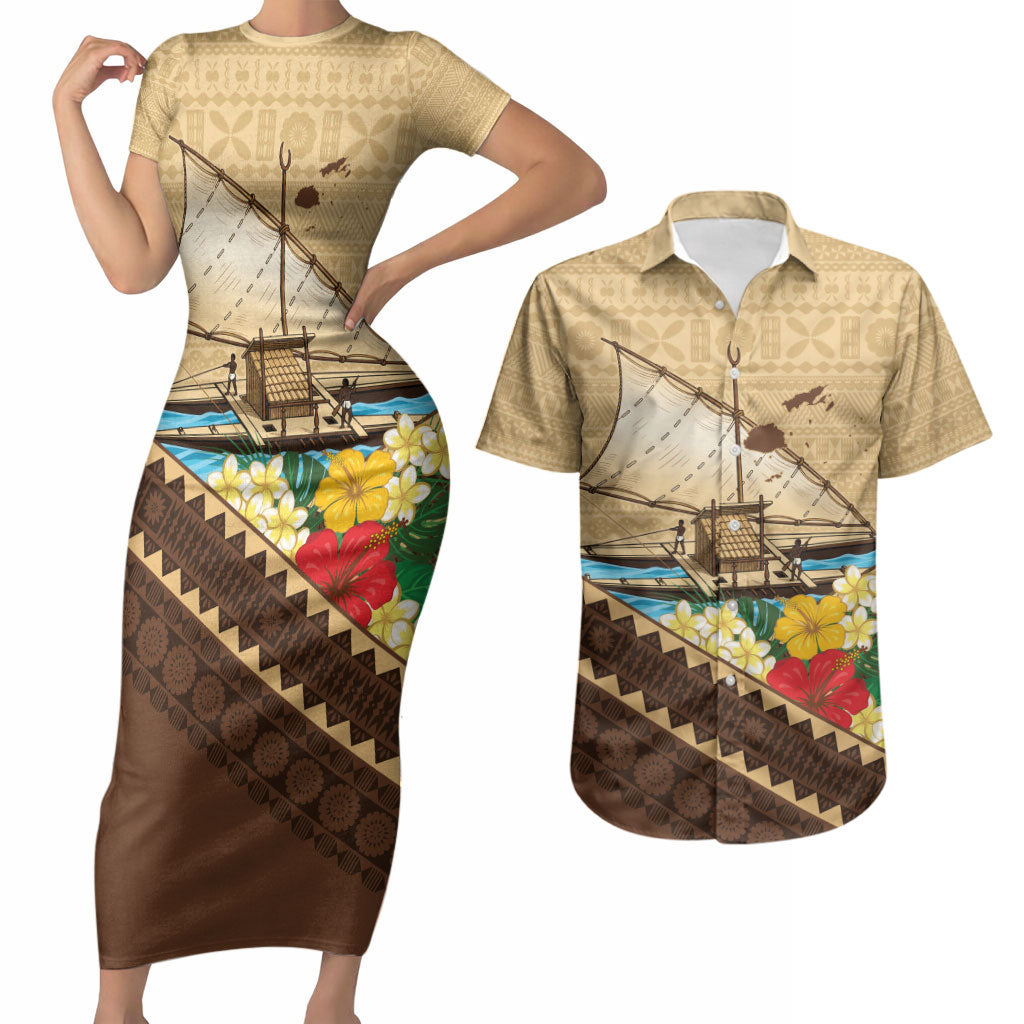 Personalised Bula Vinaka Fiji Drua Couples Matching Short Sleeve Bodycon Dress and Hawaiian Shirt Fijian Traditional Canoe Tapa Cloth Beige