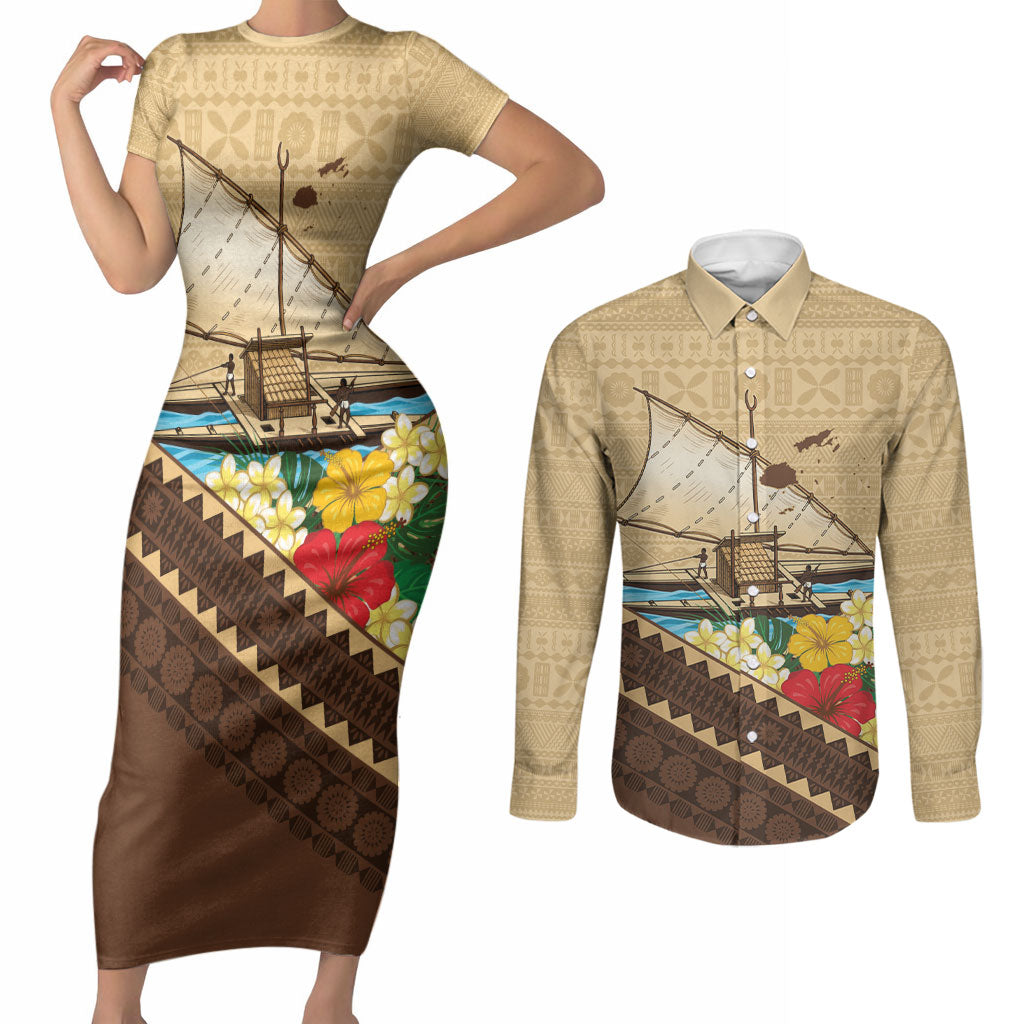 Personalised Bula Vinaka Fiji Drua Couples Matching Short Sleeve Bodycon Dress and Long Sleeve Button Shirt Fijian Traditional Canoe Tapa Cloth Beige