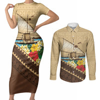Personalised Bula Vinaka Fiji Drua Couples Matching Short Sleeve Bodycon Dress and Long Sleeve Button Shirt Fijian Traditional Canoe Tapa Cloth Beige