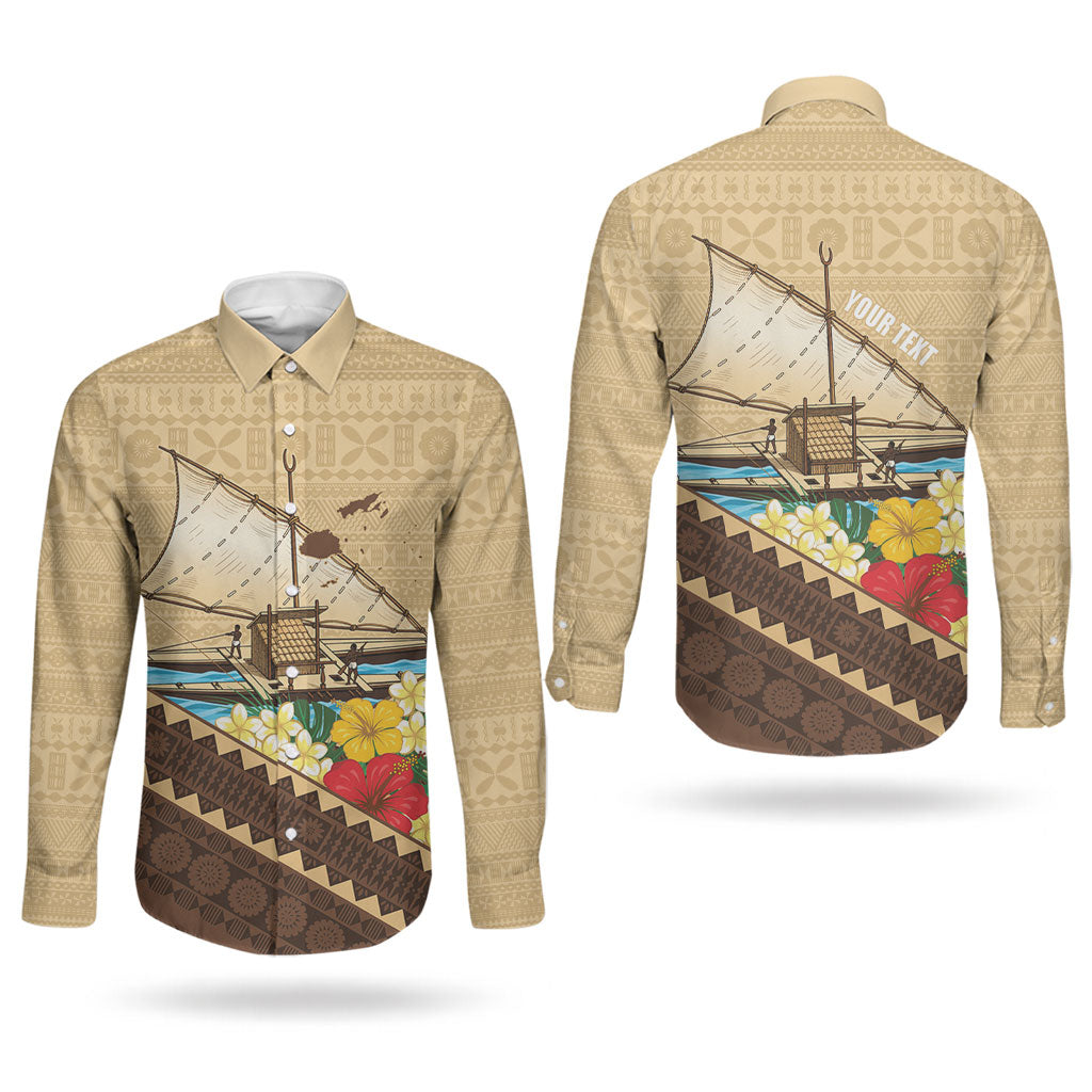 Personalised Bula Vinaka Fiji Drua Couples Matching Short Sleeve Bodycon Dress and Long Sleeve Button Shirt Fijian Traditional Canoe Tapa Cloth Beige