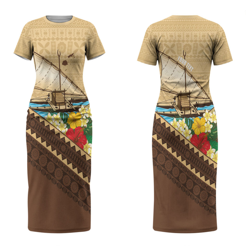 Personalised Bula Vinaka Fiji Drua Couples Matching Short Sleeve Bodycon Dress and Long Sleeve Button Shirt Fijian Traditional Canoe Tapa Cloth Beige