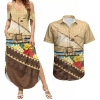Personalised Bula Vinaka Fiji Drua Couples Matching Summer Maxi Dress and Hawaiian Shirt Fijian Traditional Canoe Tapa Cloth Beige