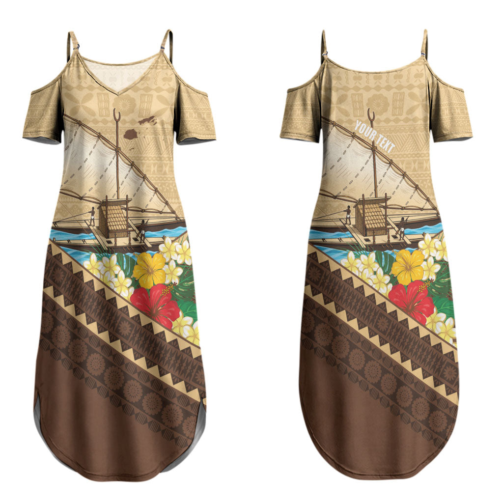 Personalised Bula Vinaka Fiji Drua Couples Matching Summer Maxi Dress and Hawaiian Shirt Fijian Traditional Canoe Tapa Cloth Beige