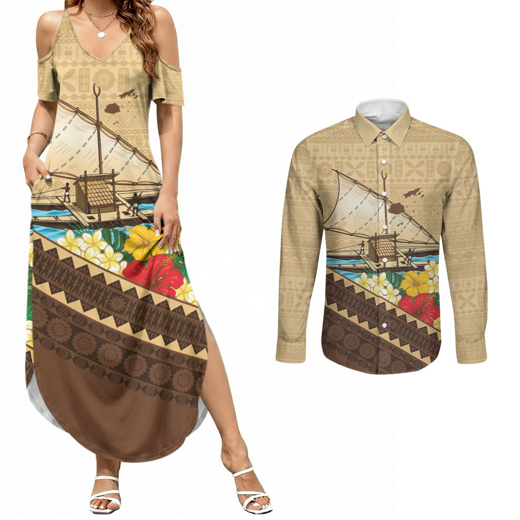Personalised Bula Vinaka Fiji Drua Couples Matching Summer Maxi Dress and Long Sleeve Button Shirt Fijian Traditional Canoe Tapa Cloth Beige