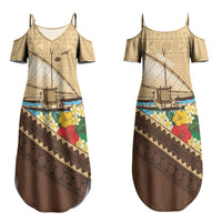 Personalised Bula Vinaka Fiji Drua Couples Matching Summer Maxi Dress and Long Sleeve Button Shirt Fijian Traditional Canoe Tapa Cloth Beige