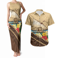 Personalised Bula Vinaka Fiji Drua Couples Matching Tank Maxi Dress and Hawaiian Shirt Fijian Traditional Canoe Tapa Cloth Beige