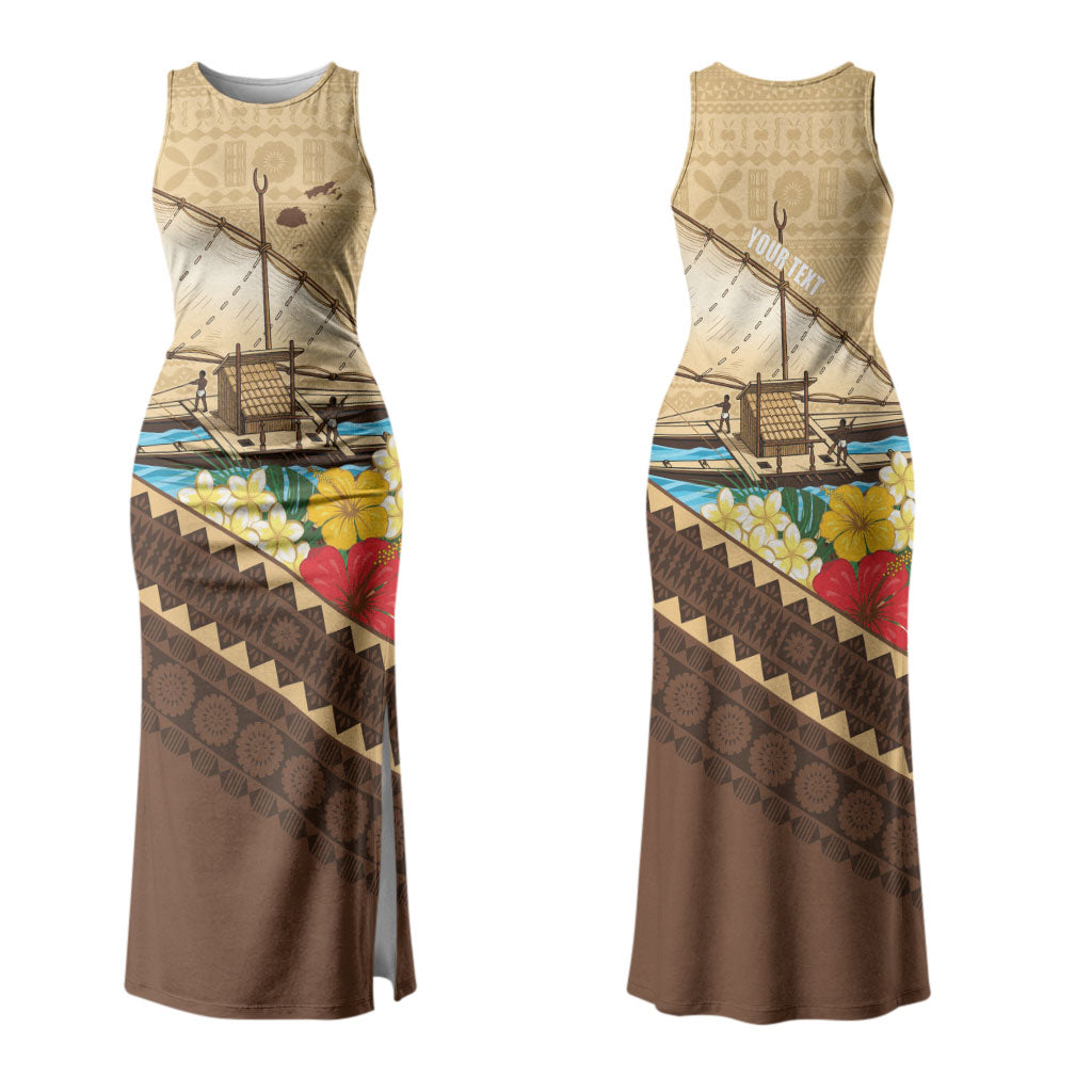Personalised Bula Vinaka Fiji Drua Couples Matching Tank Maxi Dress and Hawaiian Shirt Fijian Traditional Canoe Tapa Cloth Beige