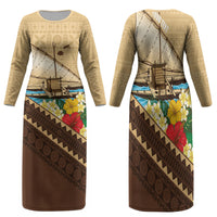 Personalised Bula Vinaka Fiji Drua Family Matching Long Sleeve Bodycon Dress and Hawaiian Shirt Fijian Traditional Canoe Tapa Cloth Beige