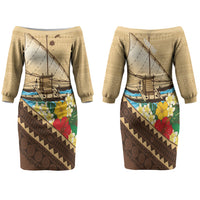 Personalised Bula Vinaka Fiji Drua Family Matching Off The Shoulder Long Sleeve Dress and Hawaiian Shirt Fijian Traditional Canoe Tapa Cloth Beige